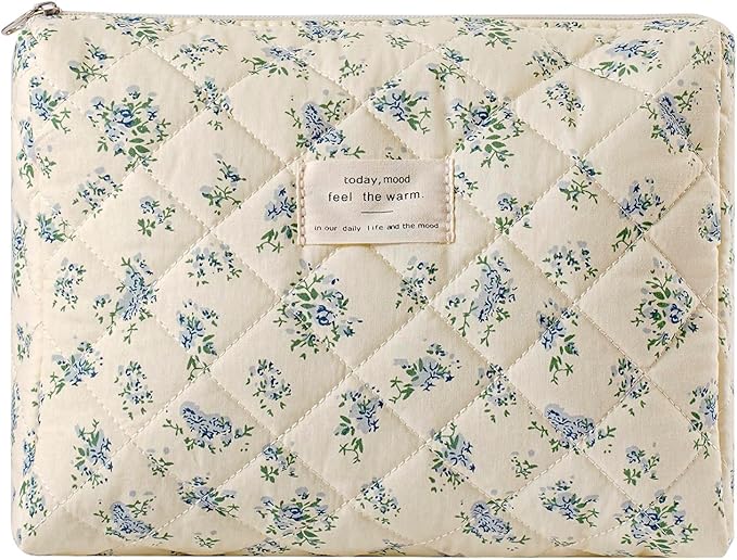 uekeboag Quilted Cotton Makeup Bag,Coquette Quilted Toiletry Bag for Women and Girls,Floral Coquette Pouch,Cute Kawaii Travel Cosmetic Bags(Yellow Blue Flower)