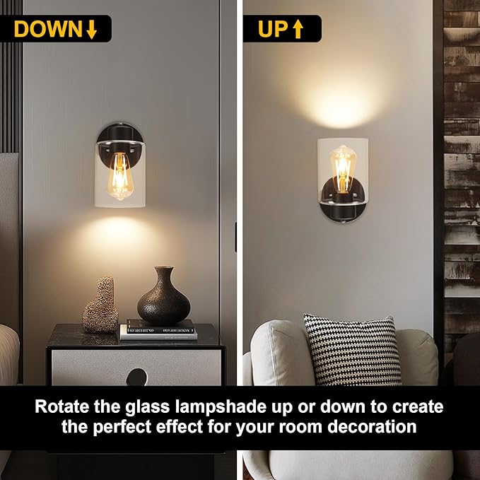 Black Bathroom Wall Sconces: Vanity Fixtures with Clear Glass Shade, E26 Base Hardwired Farmhouse Wall Lights for Bedroom Living Room Bathroom (Bulb not Included)