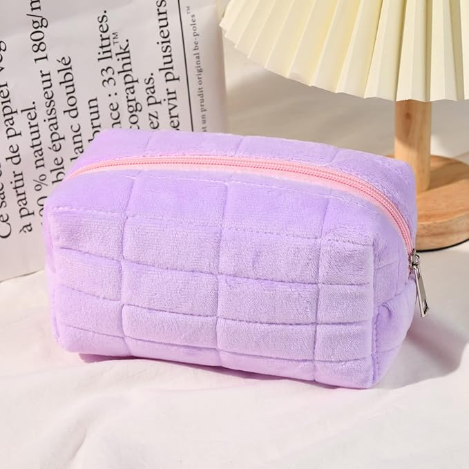 SOIDRAM Makeup Bag Plush Cosmetic Bag Cute Aesthetic Makeup Bag Purple Makeup Pouch Travel Toiletry Bag Organizer Soft Makeup Brushes Accessories Storage Bag for Women