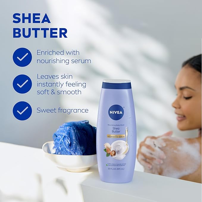NIVEA Nourishing Shea Butter Body Wash with Nourishing Serum, Moisturizing Body Wash for Women, Enriched Provitamin B5 and Vitamin E, 20 Fl Oz Bottle