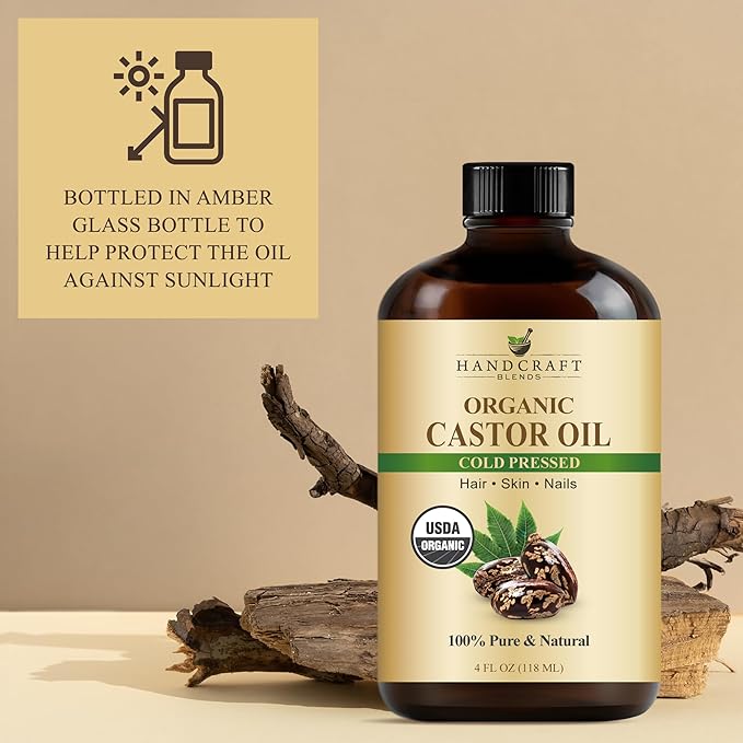 Handcraft Blends Cold-Pressed Organic Castor Oil 4 Fl Oz | Glass Bottle | Lash Brushes | 100% Pure and Natural | Premium Grade Carrier Oil | Hair, Eyelashes and Eyebrows | Hair and Body | Cold-Pressed, Organic, Glass Bottle, Lash Brushes, 100% Pure, Na...