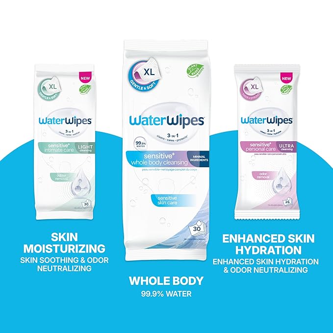 WaterWipes Sensitive Whole Body Cleansing Wipes, 99.9% Purified Water, XL Textured Wipes, Incontinence Care, Fragrance Free, 360 Count (12 Packs)