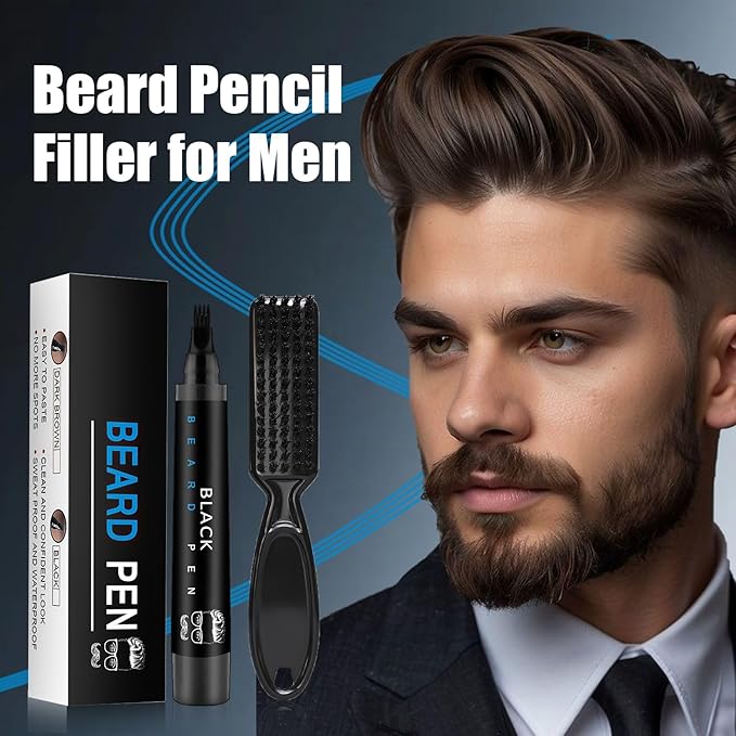 Beard Pencil Filler for Men Black - Beard Pen with Brush, Barber Pencil Smudge-proof & Water-proof Grooming Kit for Men Creating Natural Beard Color, Gifts for Men (Dark Brown)