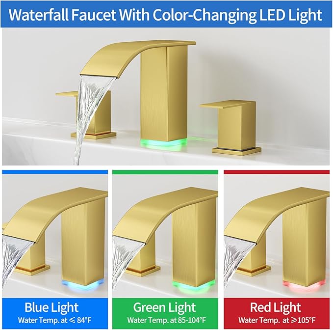 RUMOSE LED Bathroom Faucets Set Brushed Gold 8 inch Bathroom Sink Faucet 3 Hole with Pop Up Drain Widespread Waterfall Vanity Faucet with 3 Colors Light Changing Stainless Steel Deck Mounted