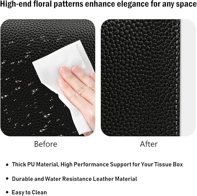 Tissue Box Cover PU Leather Tissue Holder Rectangle Facial Tissue Case Tissue Box Organizer Dispenser for Bathroom, Kitchen, Home, Office, Tabletop (Black, Tall)