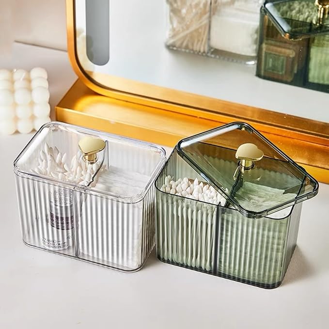Qtips Holder Dispenser 3 Compartments Cotton Ball Holder Cotton Swabs Holders Organizer Acrylic Bathroom Container with Lid for Swab Pads Cosmetics(Green)