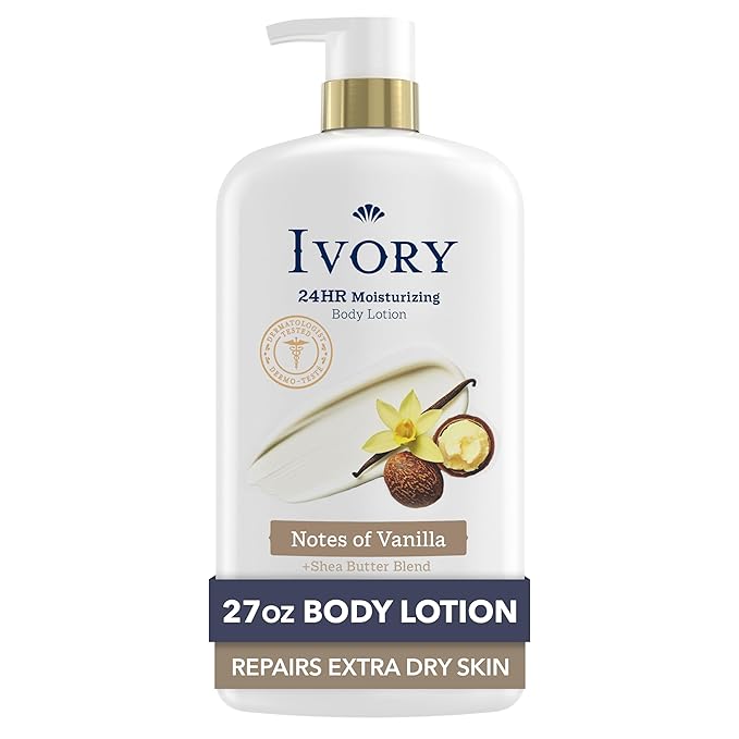 Ivory Hand & Body Lotion, 24hr Moisturizing, Repairs Extra Dry Skin, All Day Hydration, Lightweight Formula, Absorbs Instantly, Perfect for Daily Use, Shea Butter Blend, Vanilla Scent, 27 fl oz