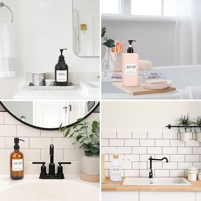 Segbeauty Bathroom Labels for Soap Dispenser, 18pcs 2.5in White Waterproof Removable Self-Adhesive Stickers, Reusable Shampoo Conditioner Hand Soap Lotion Shower Dispenser Bottles Label Stickers