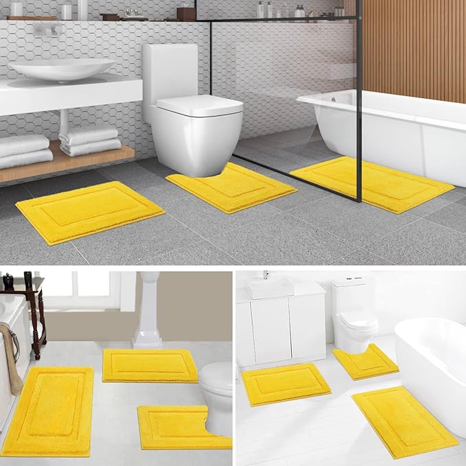 SHACOS Yellow Fall Bathroom Rugs Sets 3 Piece, 16"x24" + 20"x32" Non Slip Bath Mat and 20"x24" Toilet Rugs U Shaped Washable, Soft Fluffy Water Absorbent Bath Rugs for Bathroom