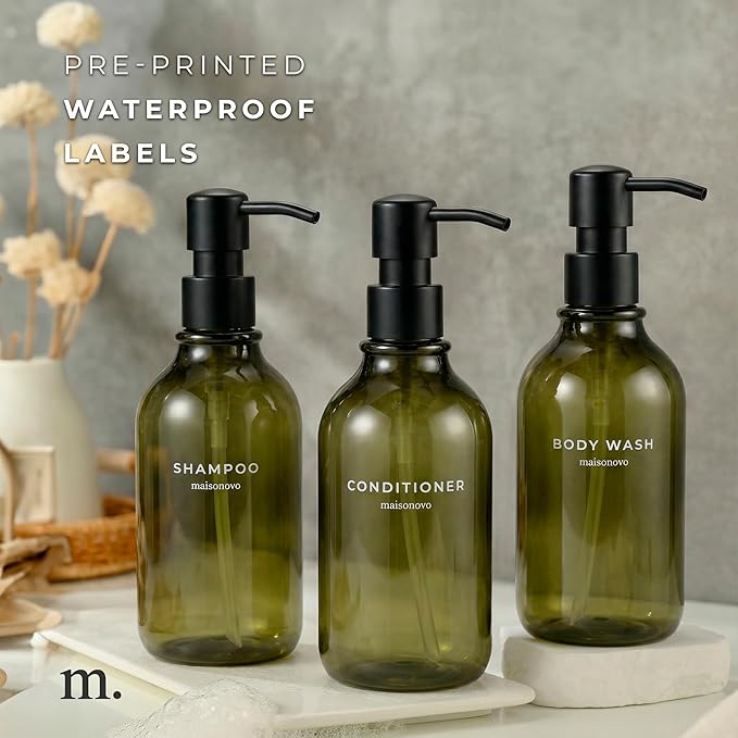 MaisoNovo Refillable Shampoo and Conditioner Bottles - 16.9 fl oz Set of 3 Green Plastic Bottles Black Plastic Pumps