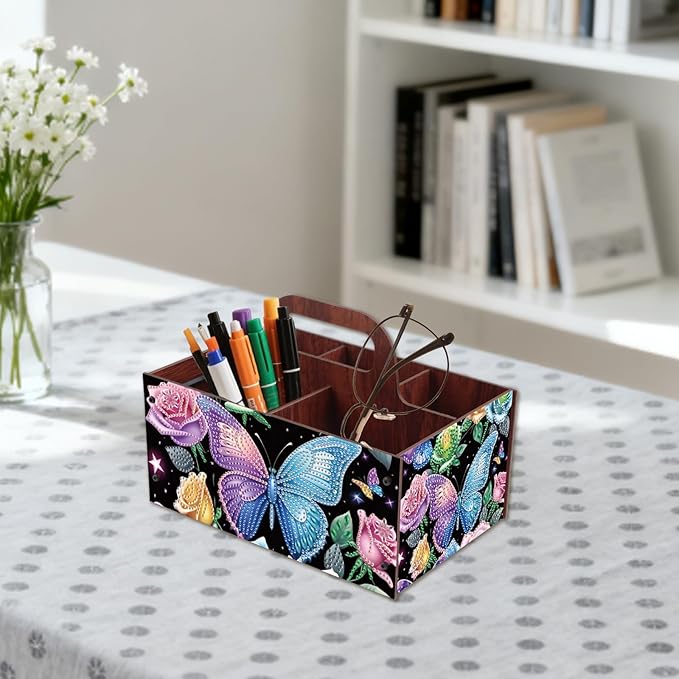 DIY Flower Diamond Art Wooden Multi-Compartment Organiser Box with Handle Diamond Painting Cosmetic Storage Box for Adult Portable Wooden Storage Case for Storing Desktop Items