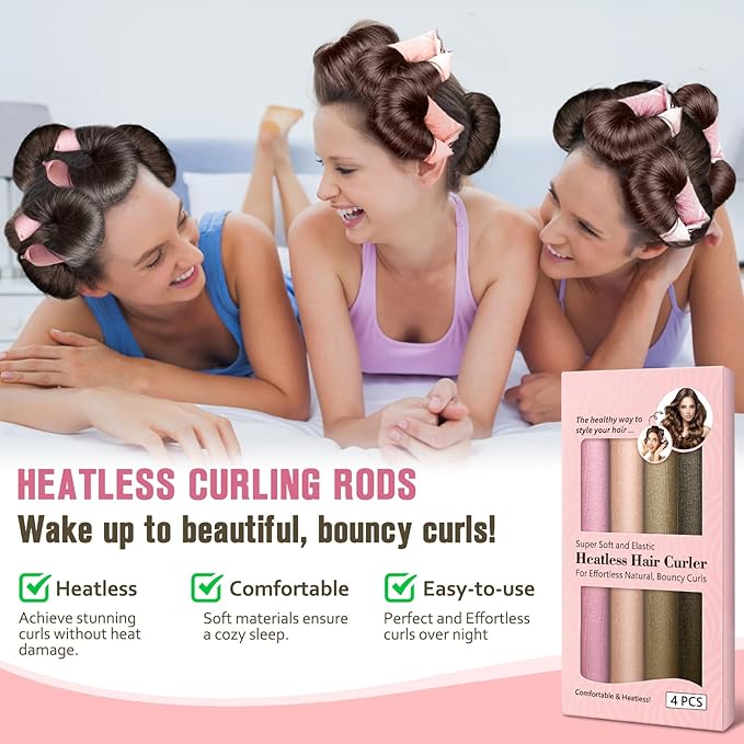 Heatless Curls Overnight, 4 Pcs No Heat Curling Blowout Rod, Satin Blowout Look Heatless Hair Rollers, Soft Flexi Rods for Big Curls to Sleep In (03 multicolored)