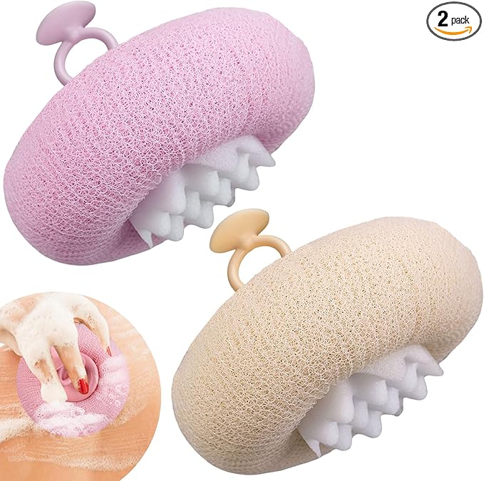2Pcs Upgrade 2-in-1 Sunflower Bath Ball,Super Soft Sunflower Suction Cup Bath Ball，Bath Loofah with Suction Cup, Exfoliating Bath Sponges for Shower Women Men(Beige+Purple)