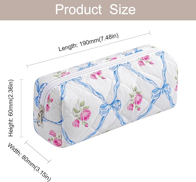 Cute Floral Makeup Brush Bag Small Cotton Quilted Cosmetic Bag for Women Travel Toiletry Zipper Make Up Pouch (Blue Bowknot Rose)