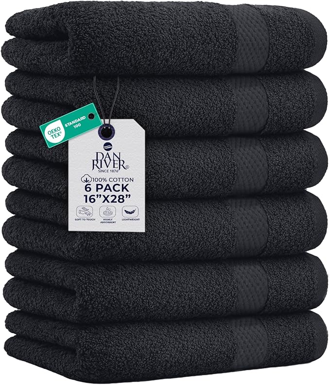 DAN RIVER 6-Pack Premium Hand Towels (16x28 Inches) - 100% Cotton, Ultra Soft, Lightweight, Highly Absorbent Towels for Bathroom, Spa, Gym, Salon, Hotel, and Travel - Charcoal