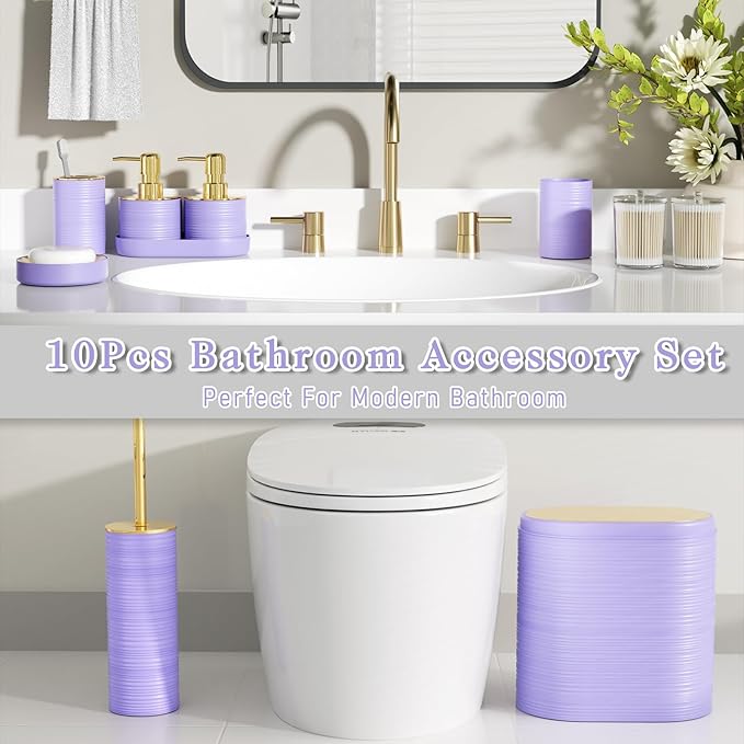 Bathroom Set, 10PC Bathroom Accessory Set, Purple Bathroom Accessories, Purple and Gold Bathroom Set with Trash Can, Soap Dispensers