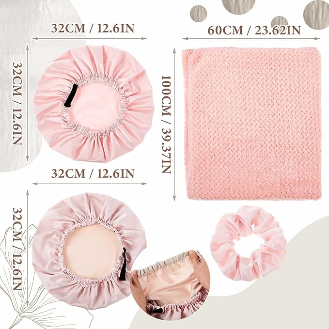 4 Pcs Microfiber Drying Hair Wrap Towels Reusable Waterproof Shower Cap with Elastic Band Adjustable Silk Hair Bonnet for Sleeping with Scrunchie for Women Christmas Favor Gifts(Pink)