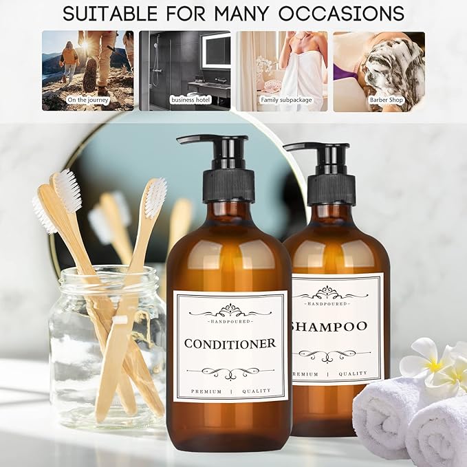 4 Pack 16.9 Oz Shampoo and Conditioner Hand Soap Dispenser Refillable Pump Bottles with Waterproof Labels (Amber)