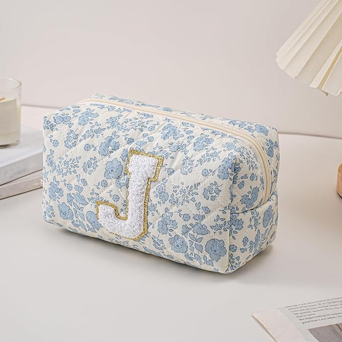 JOVAKIT Alphabet Makeup Bag Cosmetic Bag for Women, Christmas Gifts for Girls Age 6-18, Floral Flowers Coquette Travel Toiletry Zipper Make Up Pouch Organizer Trendy Stuff (Blue Floral J)