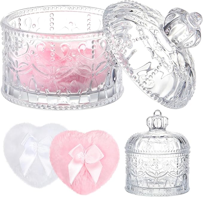 Tioncy 3 Pcs Large Body Powder Puff and Container Valentine's Day gift Powder Container with Puff Crystal Case Soft Washable Reusable Velour Face Body Glitter Wet Dry Makeup(Crown,Clear)