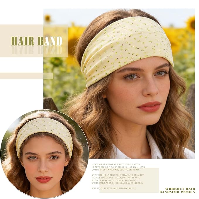 Olbye Wide Boho Headbands Floral Stretch Head Wraps Turban Knotted Yoga Hairbands Workout Hair Accessories for Women 4Pcs (Casual, 9.4 * 5.9'')