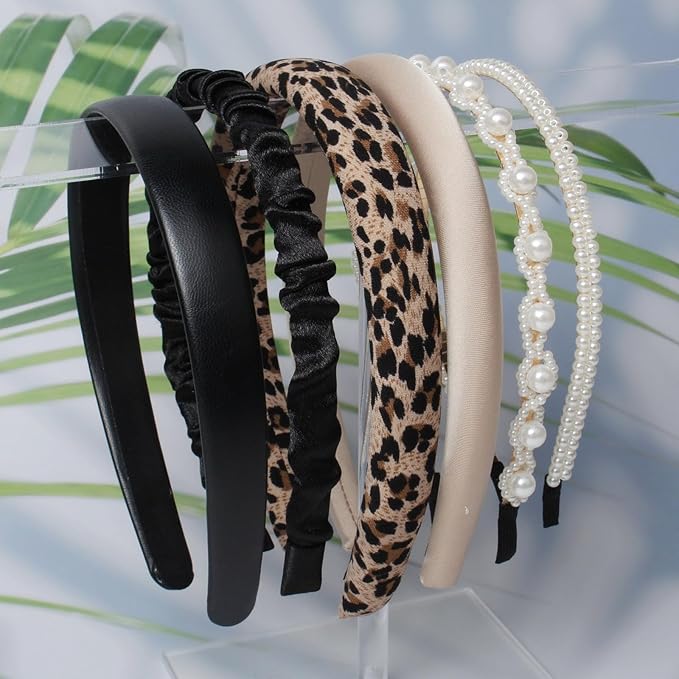 Cuizhiyu 6PK Fashion Headbands for Women Non Slip Cute Pearl Headband Leopard Padded Headbands Black Hair Accessories