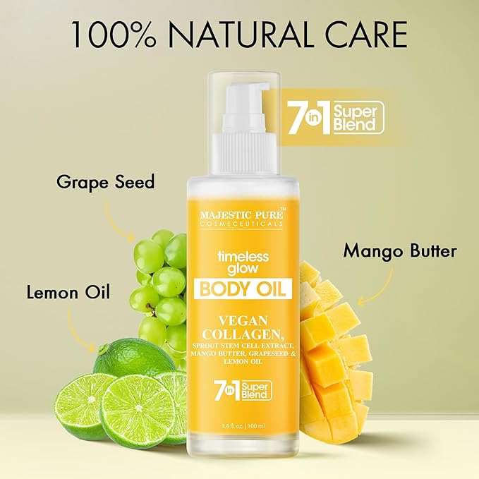 Majestic Pure Timeless Glow Body Oil -100% Pure & Natural Vegan Collagen with Grapeseed, Jojoba, Lemon Oil -After Shower Body Oils for Women and Men - Scented, Radiant, Firming Massage Oil - 3.4 Fl Oz