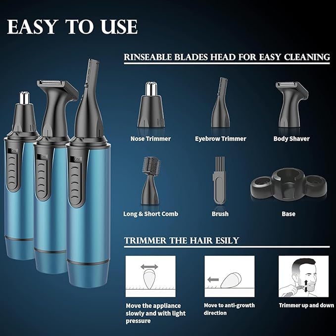 AREYZIN Nose Hair Trimmer for Men,2025 Professional 3 in 1 Painless Rechargeable Ear and Nose Trimmer,IPX7 Waterproof Eyebrow Facial Hair Trimmer Body Grooming Kit Dual Edge Blades