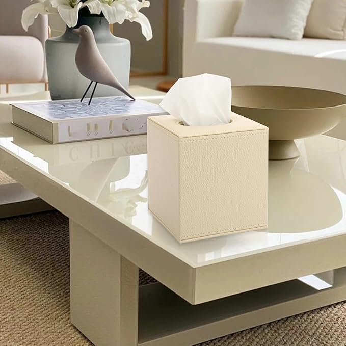 Sumnacon Tissue Box Cover Square Tissue Box Stylish PU Tissue Box Holder with Magnetic Bottom, Cube Leather Tissue Cover for Living Room Bathroom Table Desk Home Office Car, Beige
