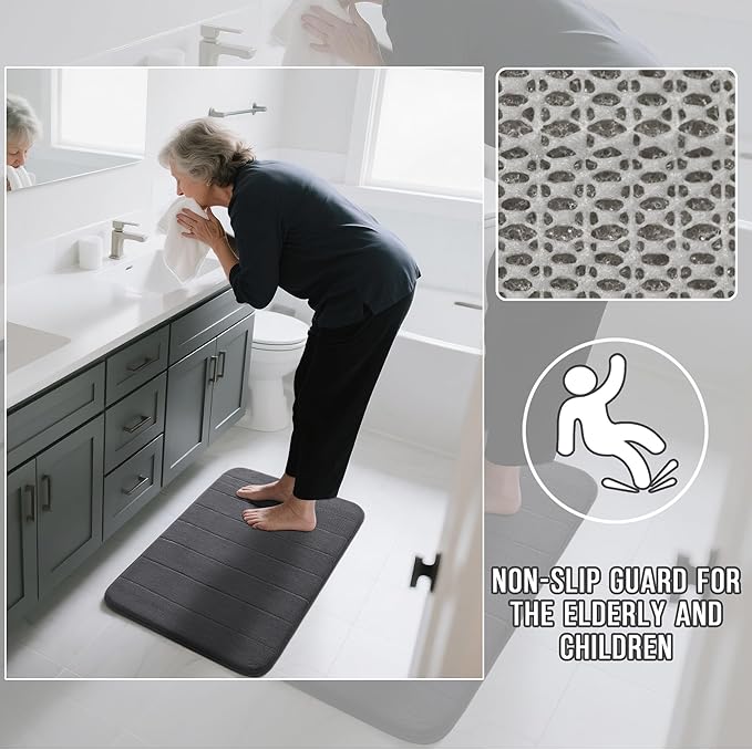 Yimobra Large Bath Mat Set 2 Piece- Super Soft Absorbent Quick Dry Memory Foam Bathroom Rugs, Machine Washable Non Slip Floor Carpet for Tub Shower & Double Vanity (17x24 & 44x24, Dark Gray)