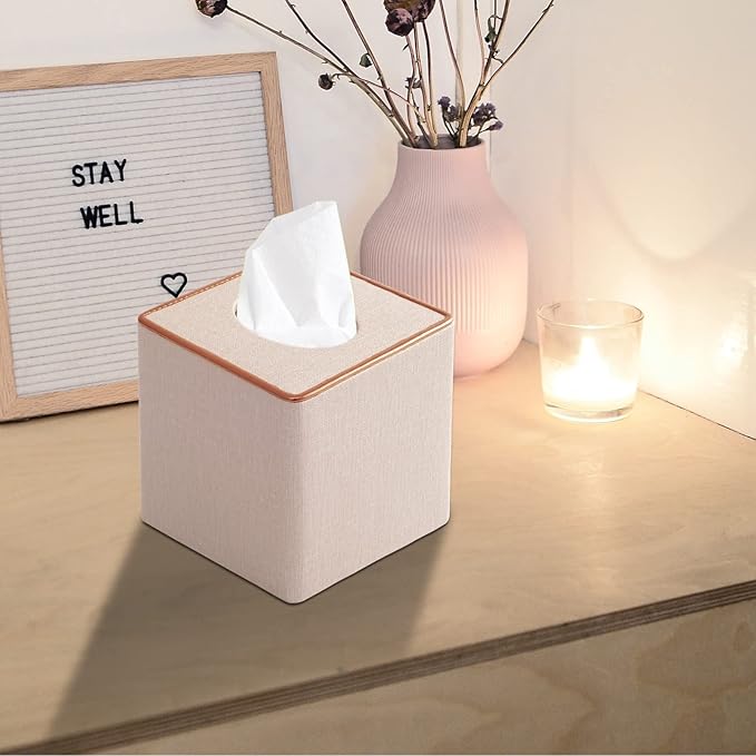 Linen Square Tissue Box Cover,Cube Tissue Box Holder－Excellent Rosegold Leather Decoration,Table Napkin Case Dispenser,Facial Tissues Organizer with Magnetic Bottom for Home Office Car(Beige)