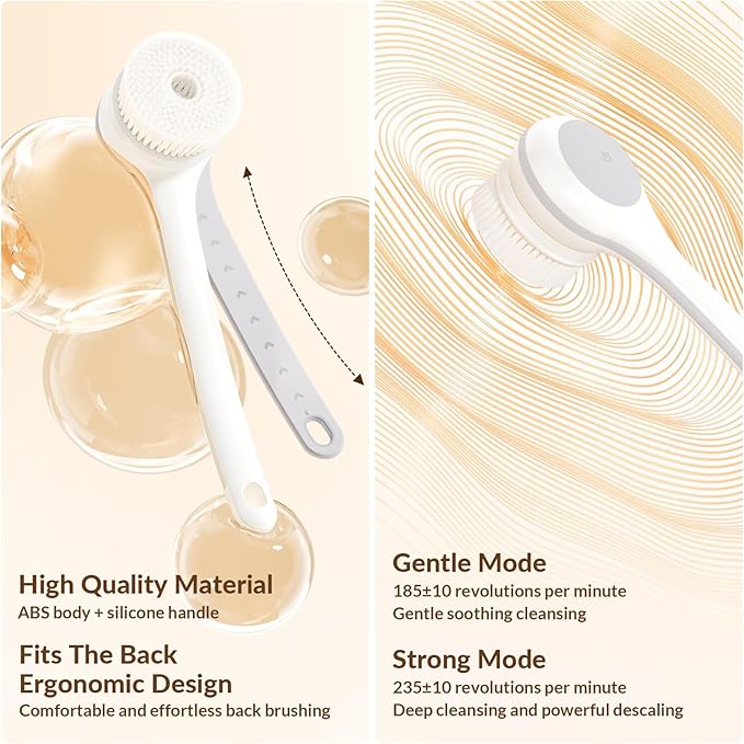 Electric Body Brush Back Scrubber for Shower, Waterproof Long Dual Handle Power Body Scrubber with 3 Heads, Bath Brush & 2 Speeds, for Cleansing, Exfoliating and Massaging Skin, Milk White