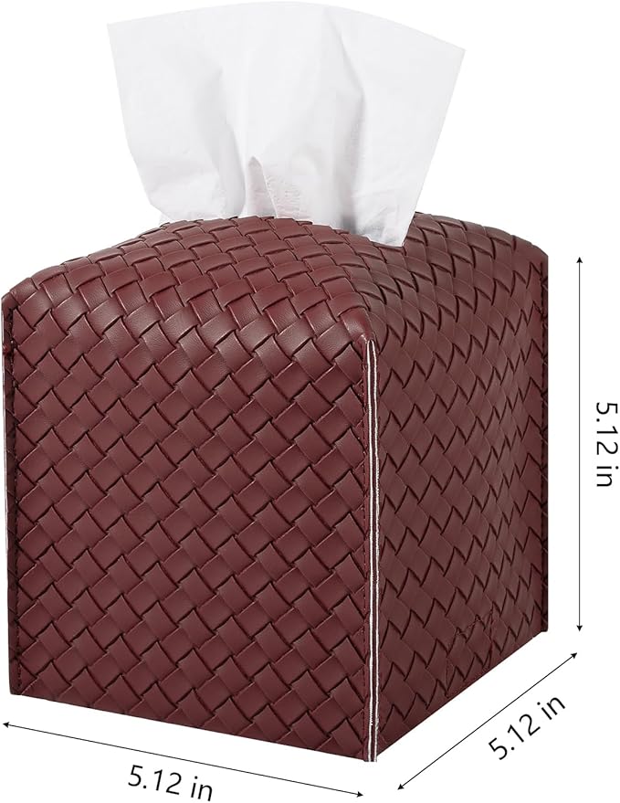 Tissue Box Cover PU Leather Tissue Holder Square Facial Tissue Case Facial Paper Organizer Dispenser for Bathroom, Vanity Countertop, Car, Dark red