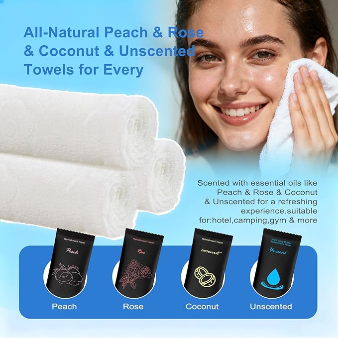 Moist Cotton Towel Bulk Moist Towelettes Individually Wrapped 8.7"x 8.7",White Towel Services,Refreshment Pre Moistened Towels Peach,Rose,Coconut and Unscented for Sport Party Spa(pack of 100)
