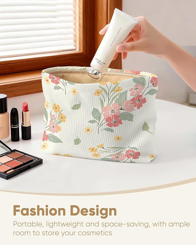Cute Floral Makeup Pouch for Women Small Make Up Bag for Purse Zipper Initial Makeup Cosmetic Bags Pouches for Purse Aesthetic Travel Toiletry Bags, Elegent Pink Yellow Floral