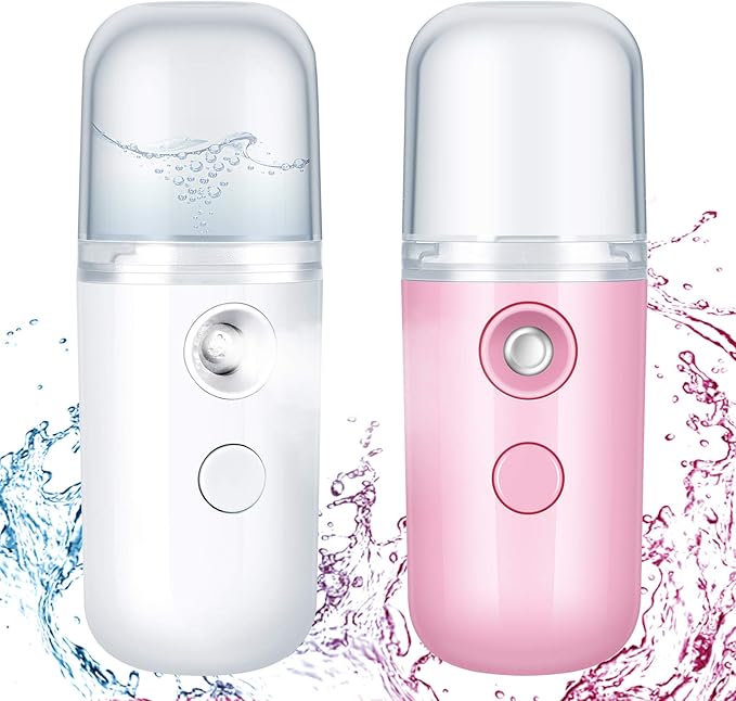 Honoson 2 Pack Nano Facial Mister Spray Bottle Handheld Humidifier Portable Face Mister for Eyelash Extensions USB Rechargeable 1 oz Mini Skin Care Machine for Daily Makeup(Dark Pink and White)