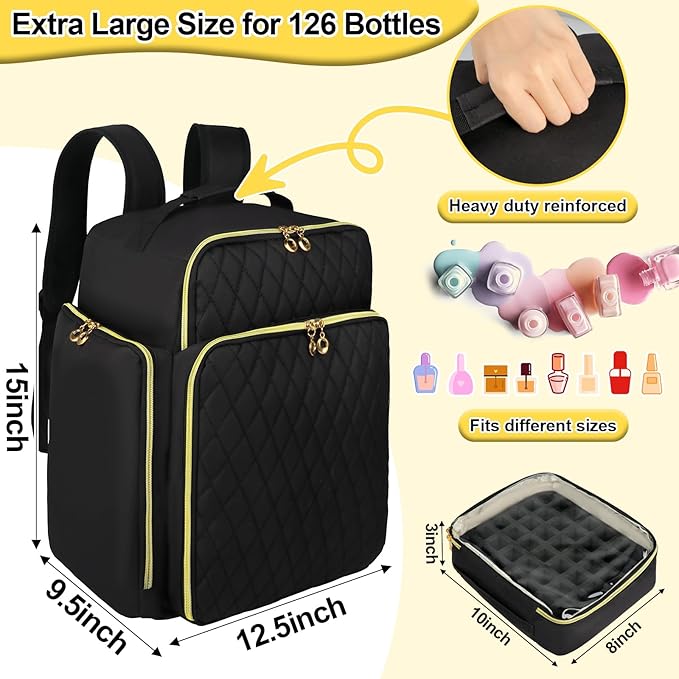 Nail Polish Organizer Backpack Holds 126 Bottles& Nail Lamp, Extra Large Nail Kit Supplies Organizer Bag with 3 Removable Cases, Portable Nail Organizers and Storage for Travel (Pure Black)