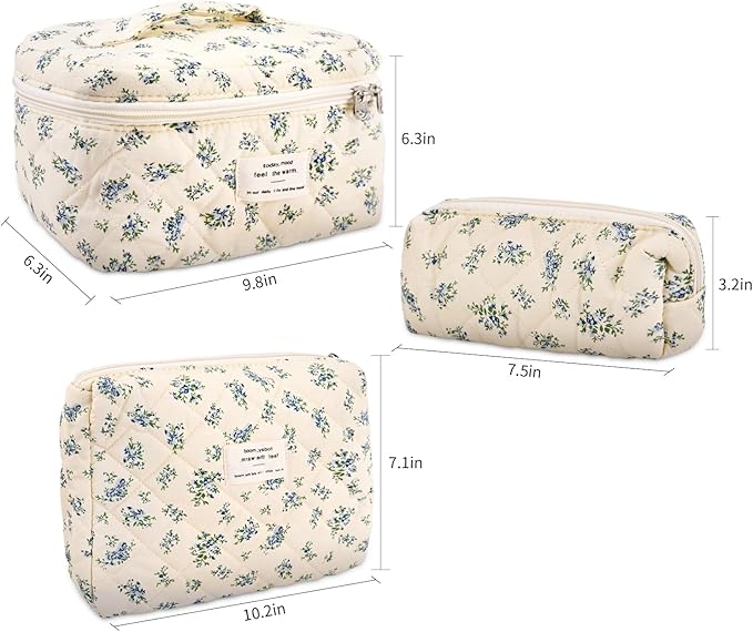 3Pcs Cotton Quilted Makeup Bag Large Travel Cosmetic Bag Coquette Makeup Pouch Cute Aesthetic Floral Toiletry Bag for Women Girls (flower-P)
