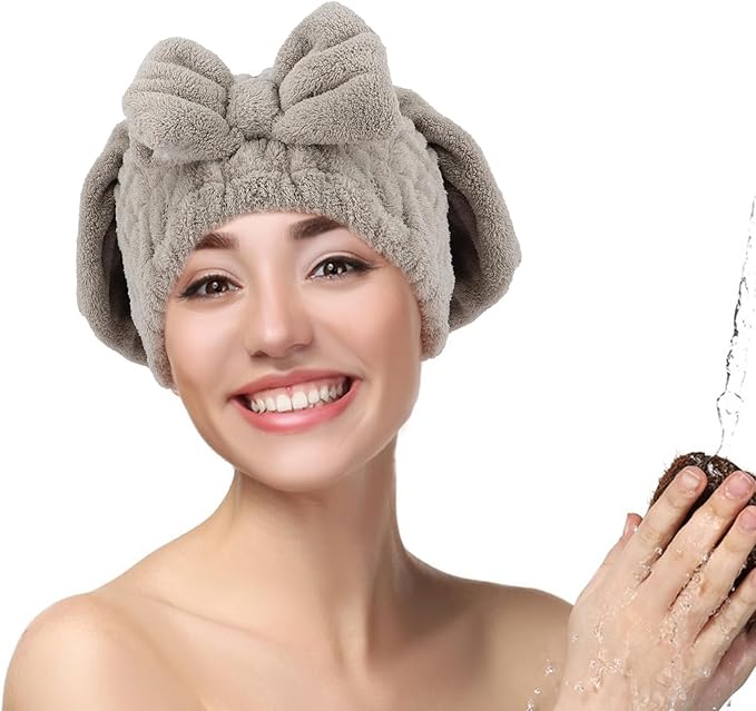 2PCS Microfiber Hair Drying Caps Hair Towel Cap Extra Soft and Ultra Absorbent Fast-Drying Hair Turban Wraps Gift for Women and Girls(Grey and White)