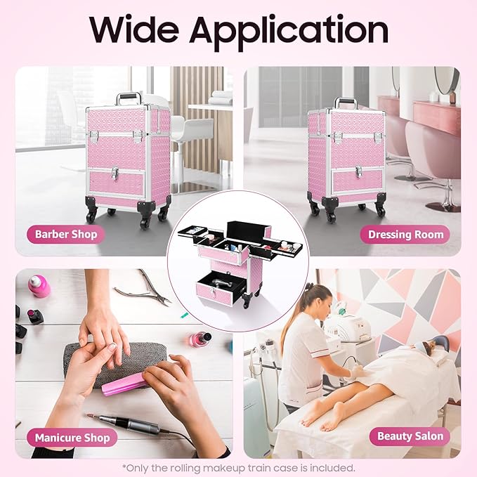 Pink Rolling Makeup Case with 4 Trays and Large Drawer Nail Travel Case on Wheels for Professional Stylists Portable Beauty Organizer