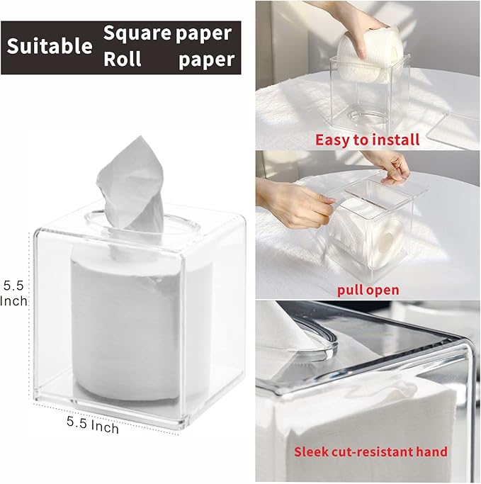 Clear Roll Tissue Box Holder with Cover Facial Tissue Dispenser Box Case for Countertop,Clear Plastic Dryer Sheet Container Napkin Organizer for Bathroom Kitchen Home,Square