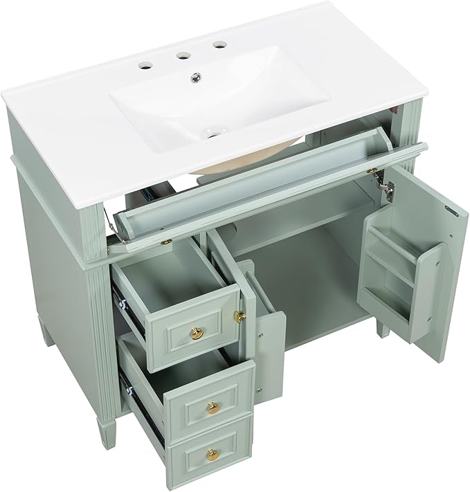 Harper & Bright Designs 36" Bathroom Vanity with Sink, Free Standing Single Basin Vanity Set with Tip-Out Drawer, 3 Drawers, and 2 Doors, Wood Bathroom Cabinet with Ceramic Basin for Bathroom, Green