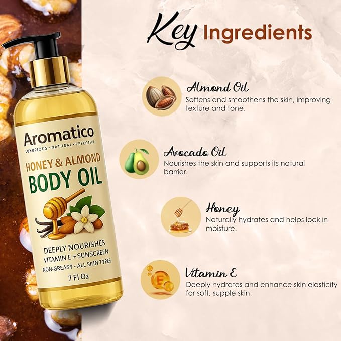 Honey & Almond Body Oil for Women – 7 fl oz | Moisturizing After Shower Body Oil for Daily Use | Cozy & Creamy Fragrance