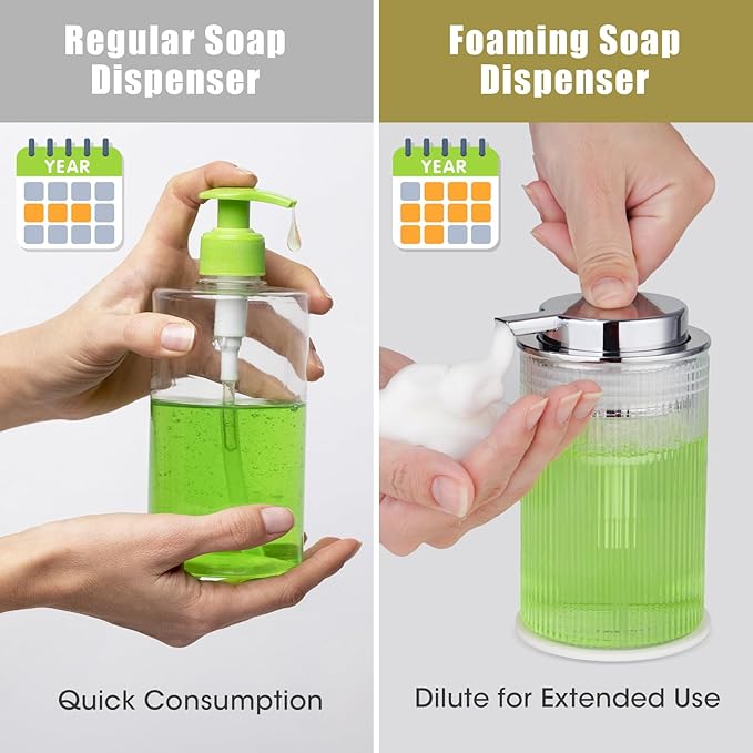 NiHome 14oz Ribbed Glass Foaming Hand Soap Dispenser, High-Capacity Easy to Refill for Home & Commercial Use, Clear Foaming Soap Dispenser for Bathroom, Kitchen with Large Foam Pump & Non-Slip Mat