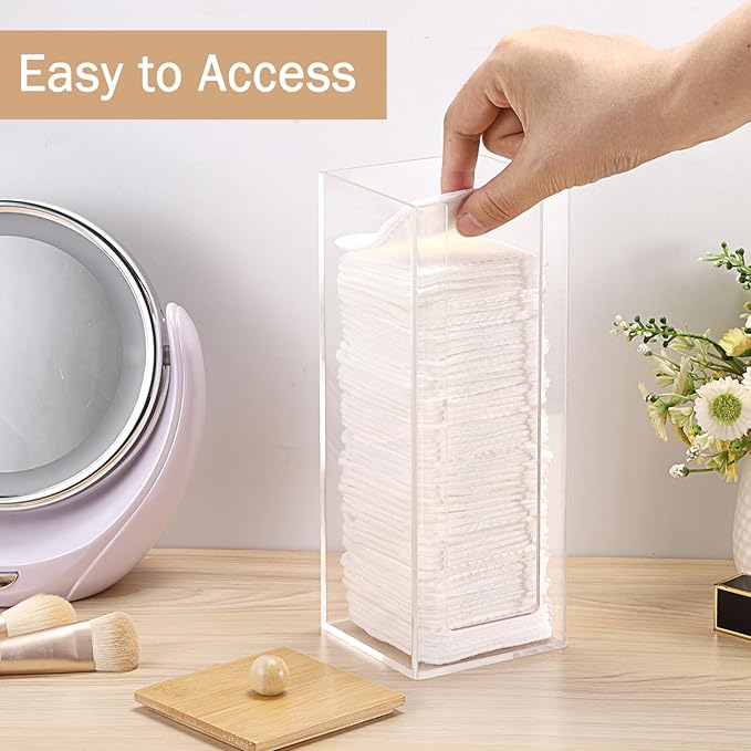 Acrylic Clean Pad Storage Box Vertical Cotton Pads Holder Square Makeup Pad Dispenser with Lid Clear Bathroom Countertop Vanity Organizer