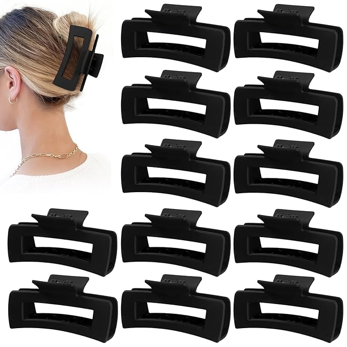 4.1 Inch Large Hair Claw Clips 12 Pcs Big Claw for Thick Hair Square Hair Clips Jumbo Jaw Clips Bulk Hair Accessories for women and Girls (Black)
