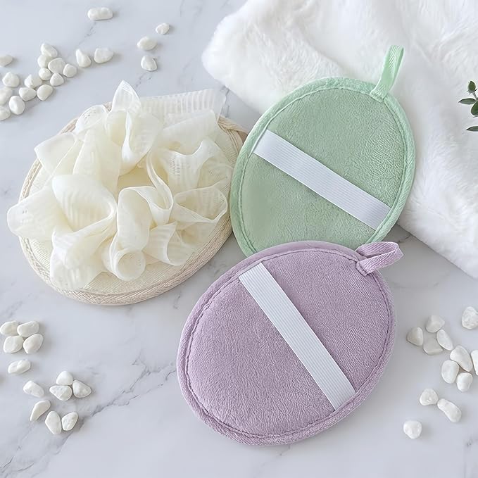 3 Pcs Bath Shower Loofah Sponge Pouf Body Scrubber Bath Scrunchies Body Wash Sponge (Beige,Green,Purple)