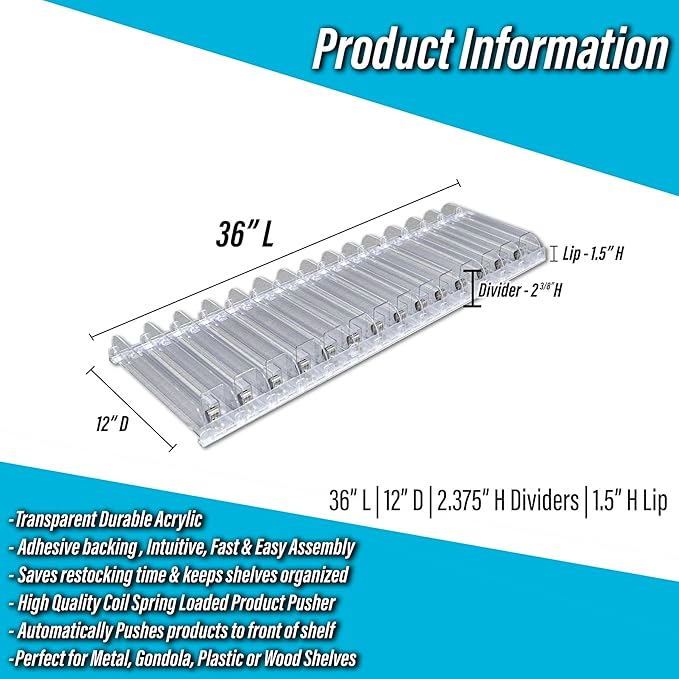 STORE FIXTURES DIRECT Auto Feed Shelf Product Pusher Kit, Adjustable Pushing System for 36" L x 12" D Shelves, 1 Kit - [14 Shelf Pushers + 15 Dividers]