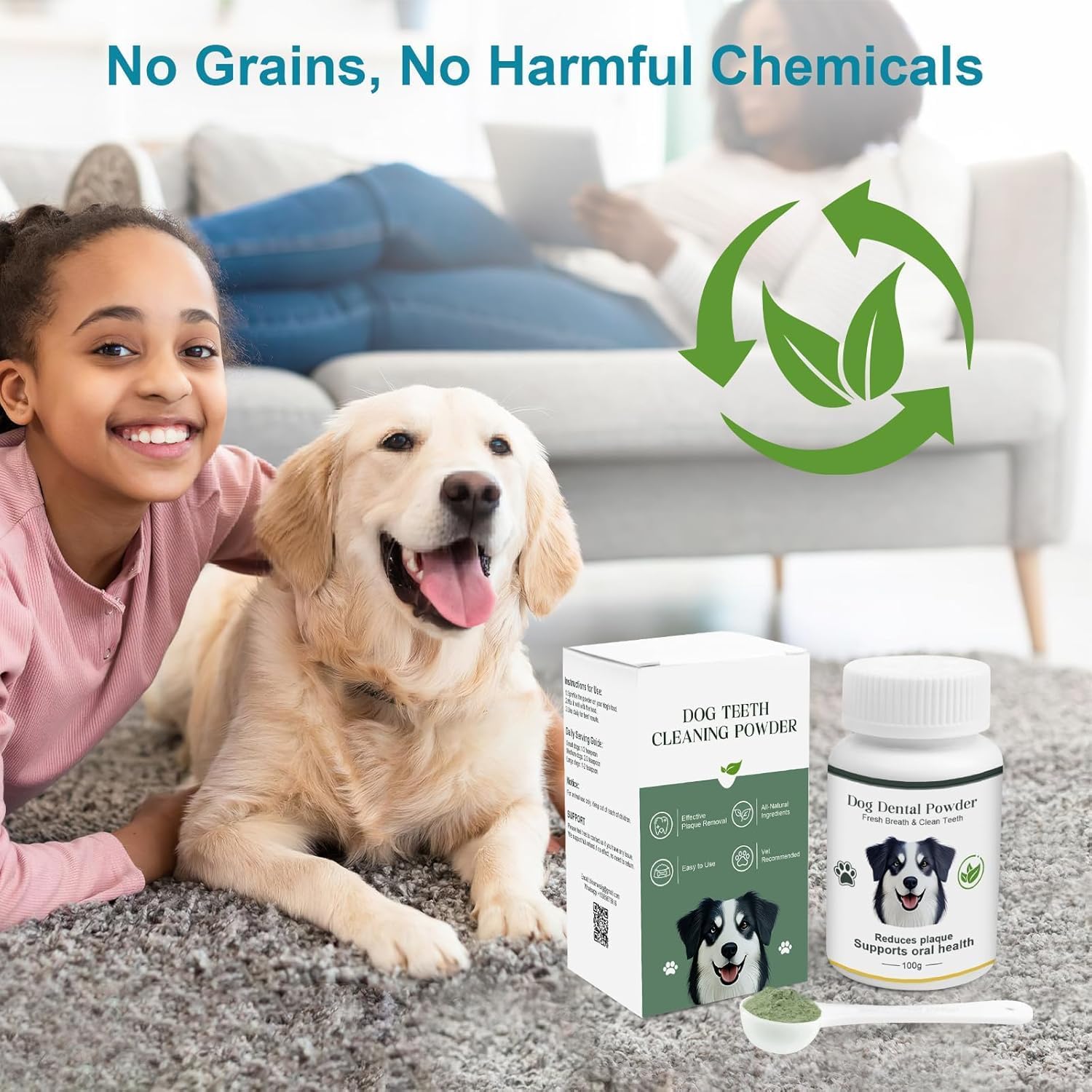 Dog Teeth Cleaning Powder 100g Fights Plaque & Tartar Freshens Breath All-Natural Ingredients for Dogs of All Breeds and Ages Easy to Use Dog Dental Powder