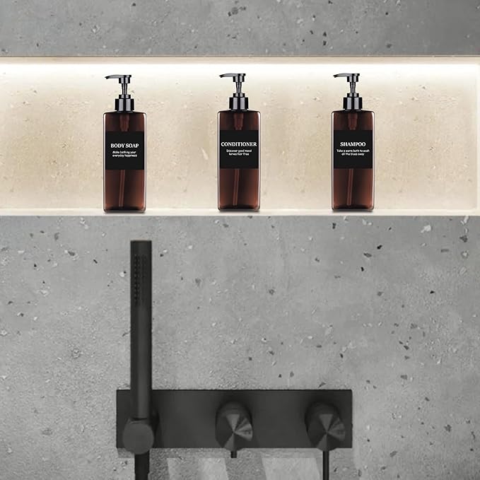 Amber Refillable Plastic Pump Bottle Set, 500ML - Waterproof Labels, Shampoo and Conditioner Dispenser for Shower (Set of 3)
